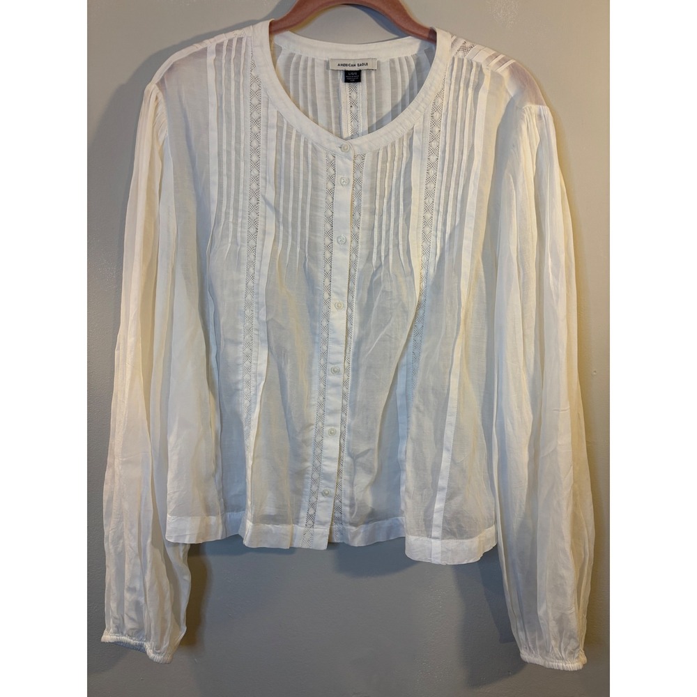 American Eagle White Cotton Pleated Lace Blouse L Balloon Sleeve